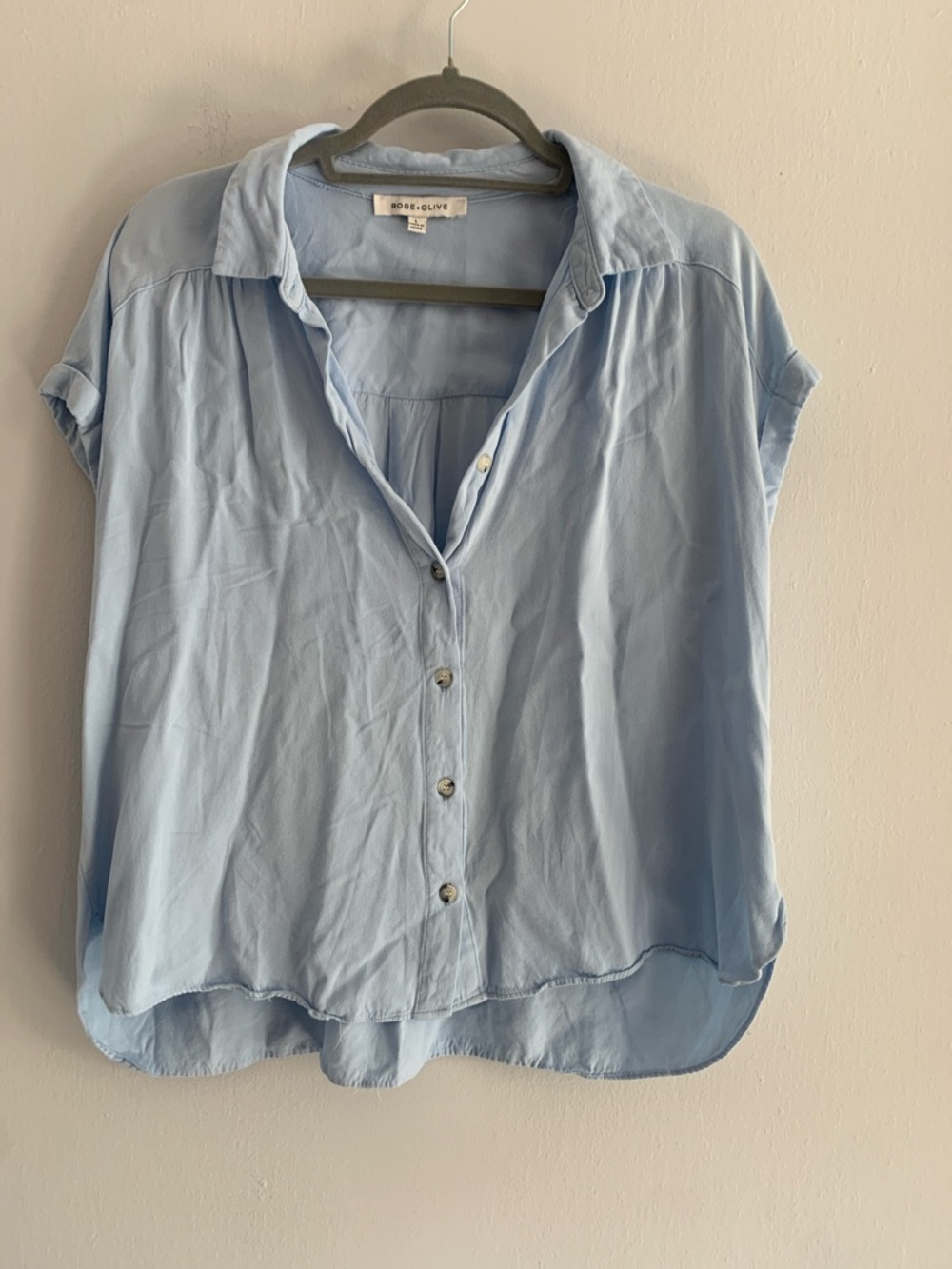 ROSE & OLIVE Pale Blue Short Sleeve Button Front Top